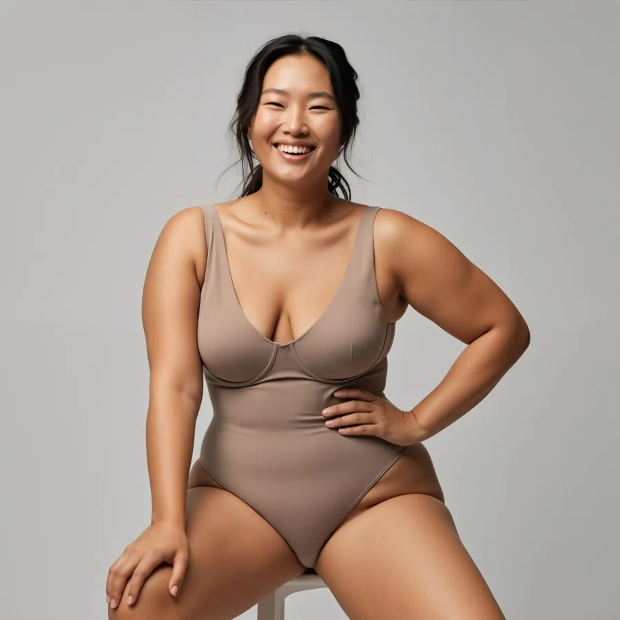 Body positive asian model smiling and posing in beige body suit, sitting on white stool in front of gray background