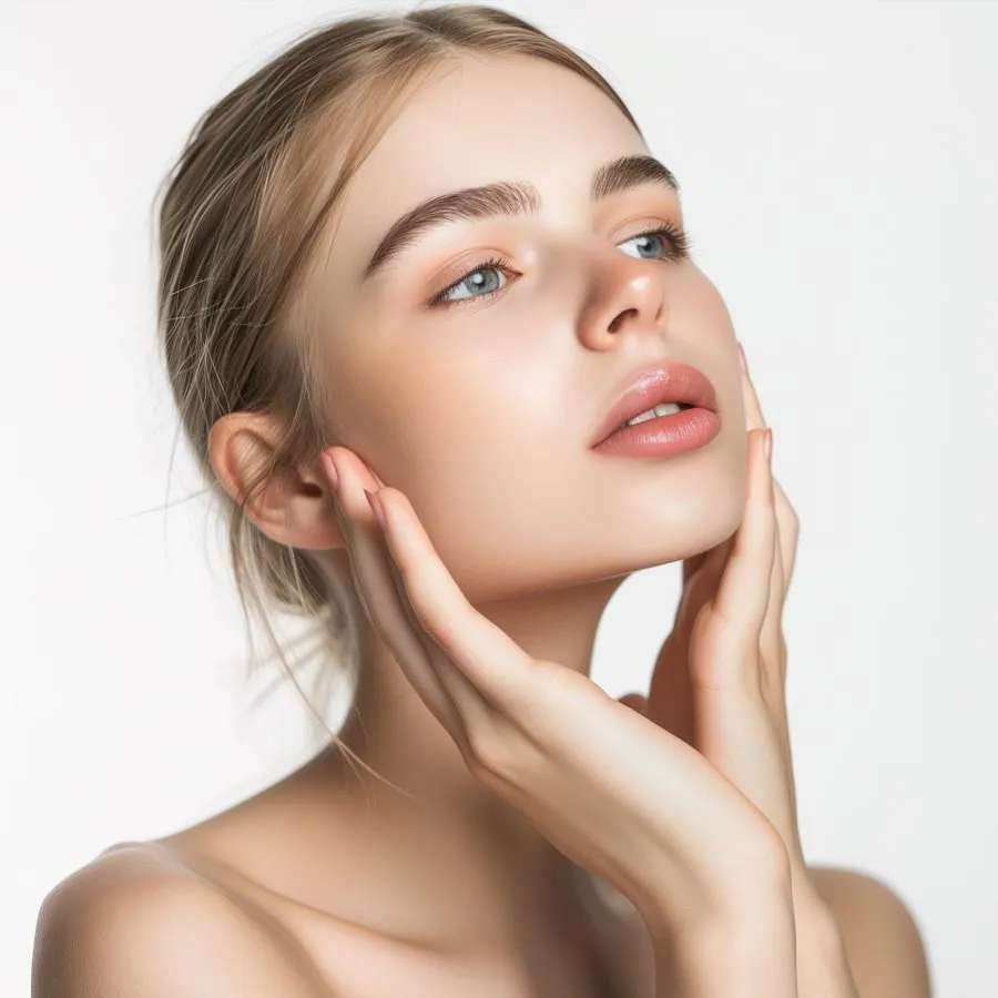 Blonde smiling woman year with clean fresh face and hands wit