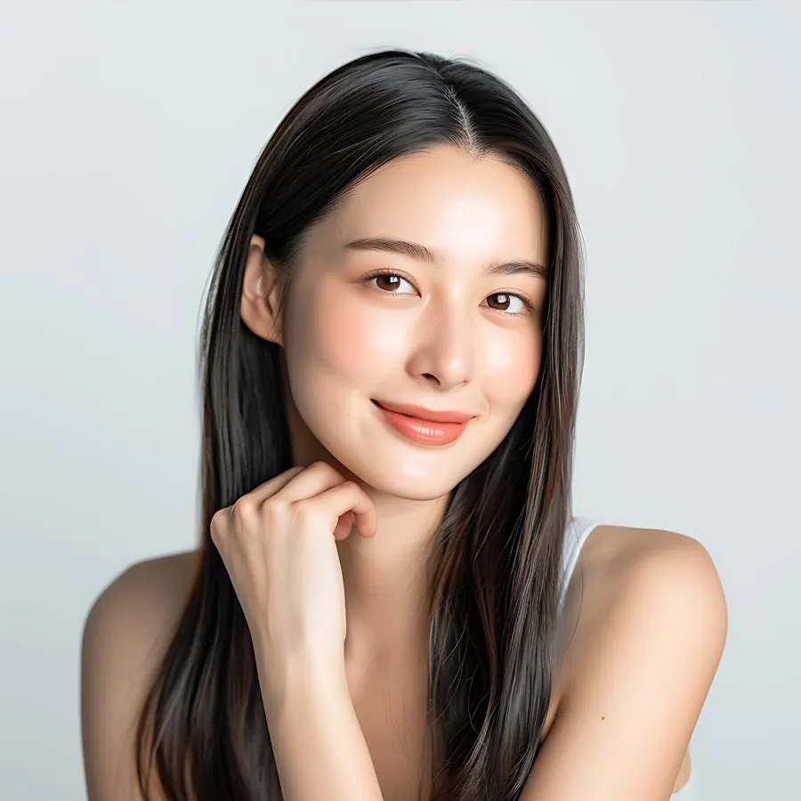 photo of Japanese beauty model her thirty long straight hair fair skin tone smiling while touching her chin one hand She no makeup her face creating overall clean look against white background woman