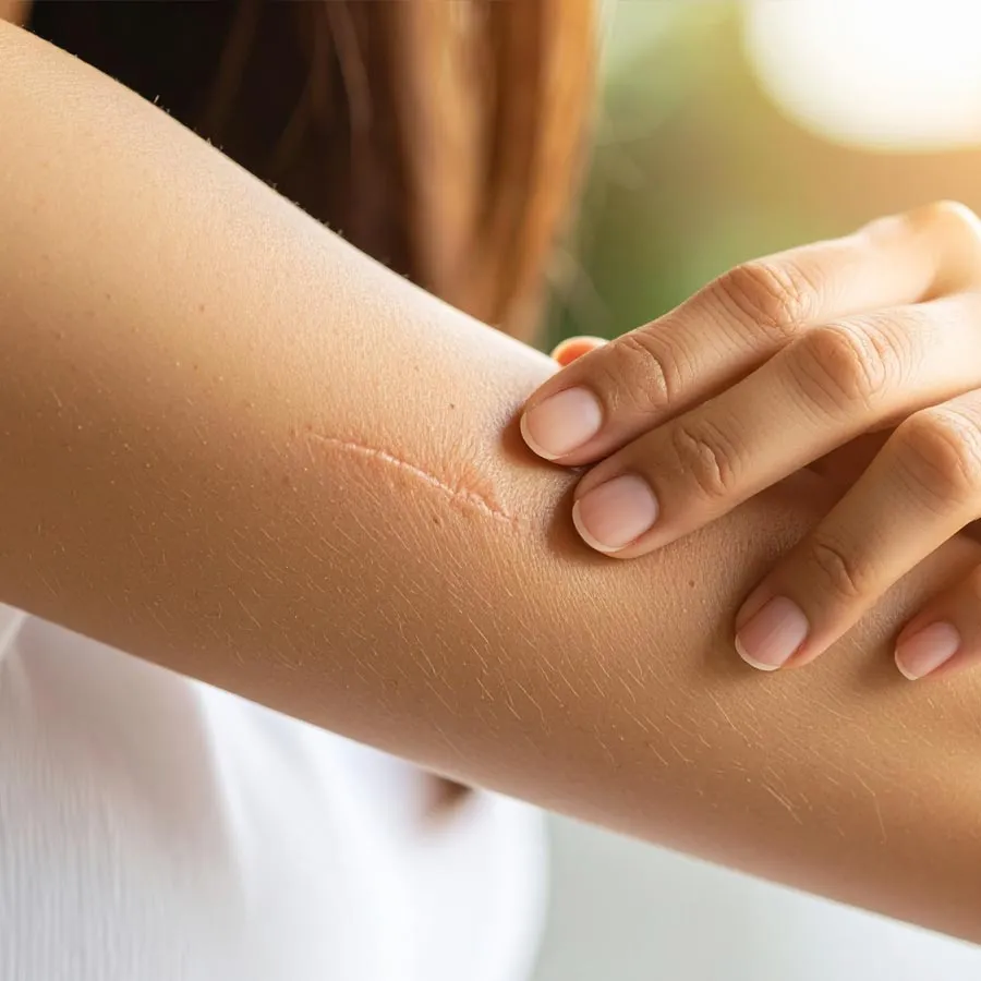 Healing Scars A Woman Gently Touches a Long Scar on Her Arm, Showing the Process of Skin Regeneration and Recovery from Injury or Surgery