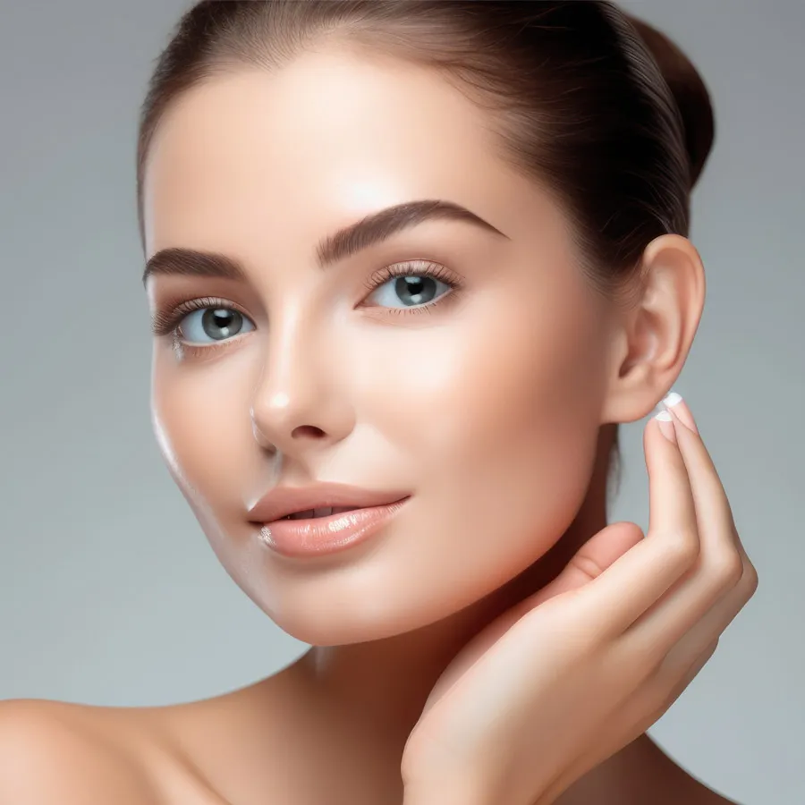 Portrait of woman, skincare and beauty cosmetics for shine, wellness or healthy glow on studio background.